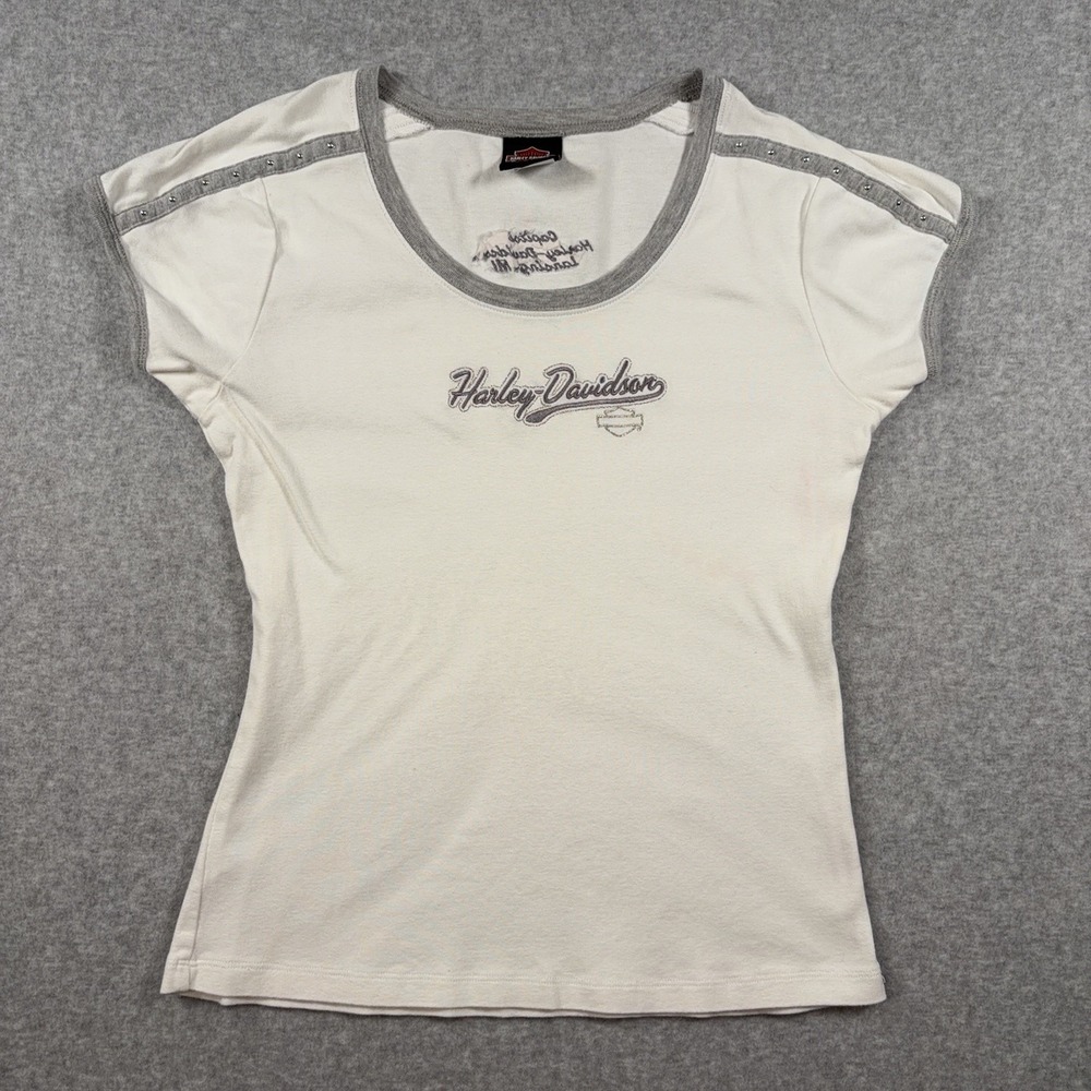 Harley-Davidson Shirt Womens L White Ringer Studded Scoop Neck Biker Capitol Tee